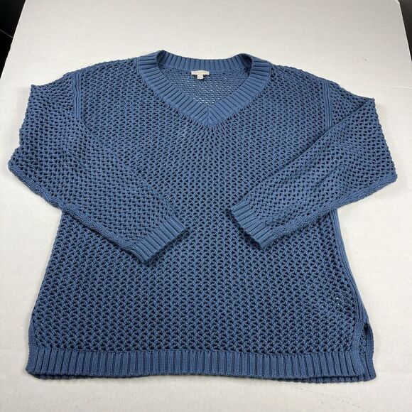 Talbots Open Knit Raglan Sweater Blue V-Neck Coastal Grandmother Pullover LARGE - Picture 1 of 10